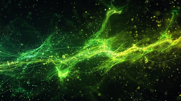 Abstracte visualisatie van een bewegingsstroom met golvende energielijnen